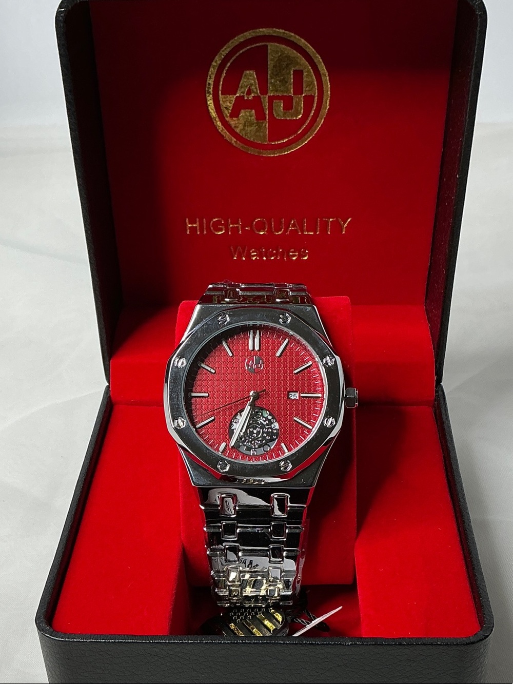Red Dial Men's Stainless Steel Watch